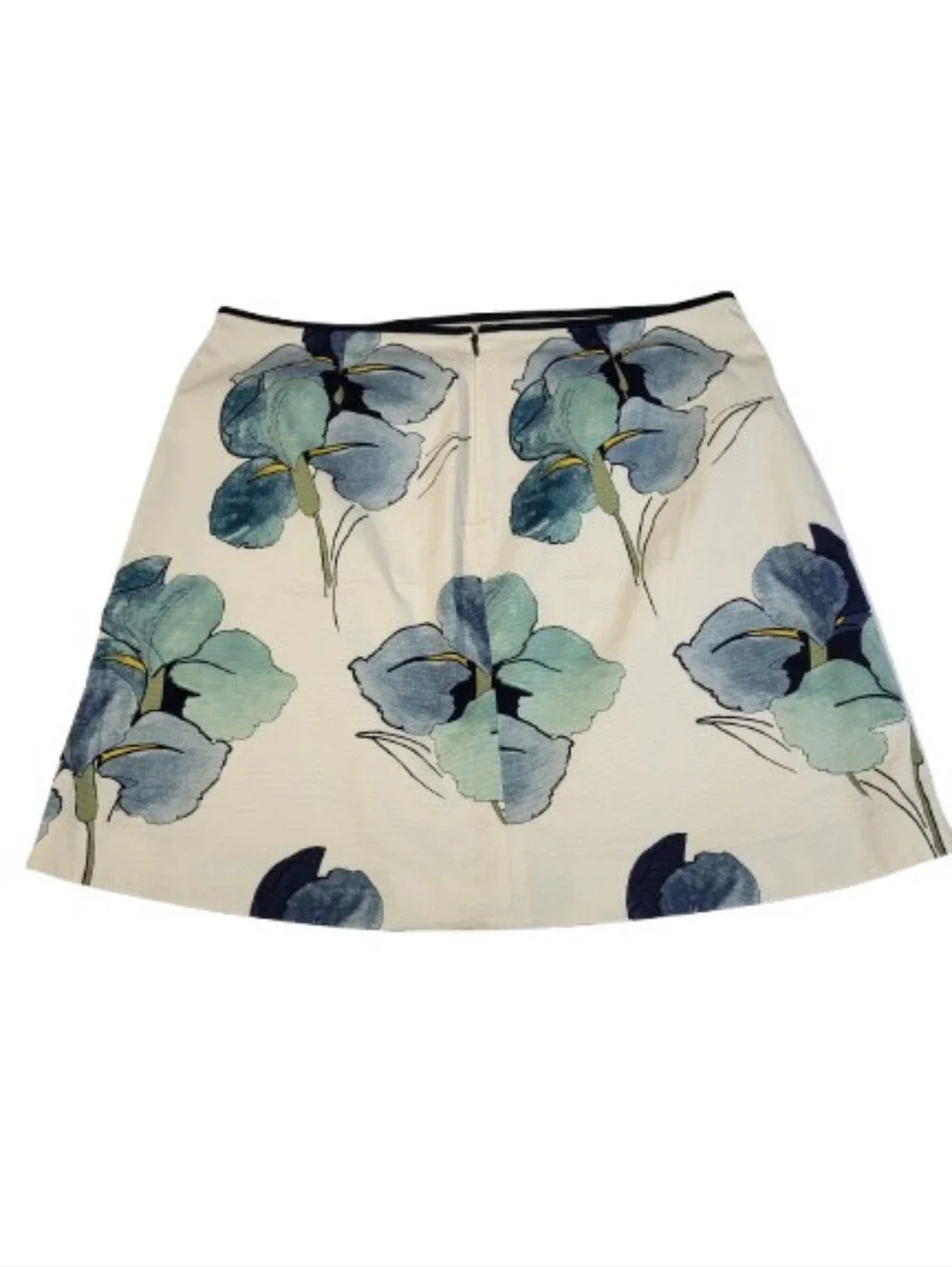 Tory Burch Iris Print A Line Skirt Black Scallop Trim Lined Blue Cream